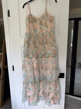 Vici Blush Pink Tiered Dress with Mint Floral Embroidery